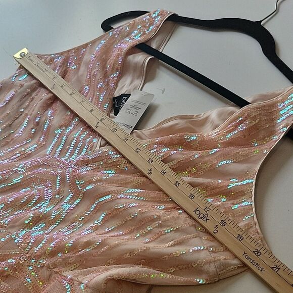 $198 NEW XL BEBE PEACH PINK TULLE SEQUIN SLEEVELESS FIT FLARE MINI DRESS NWT - Picture 3 of 11